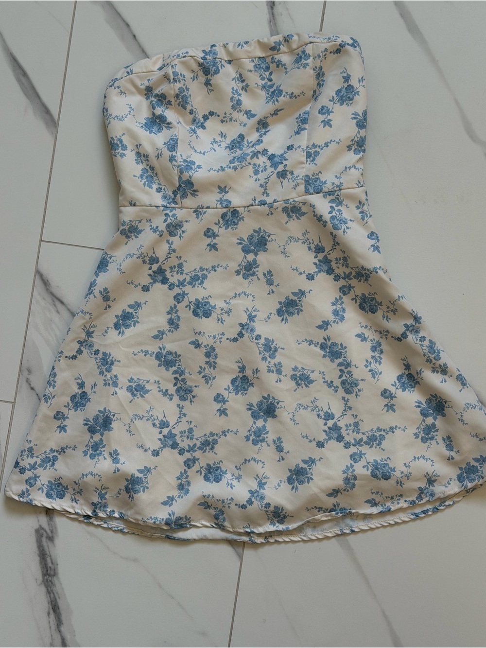 Altar'd State Cream Strapless Mini Dress with Blue Floral Print
